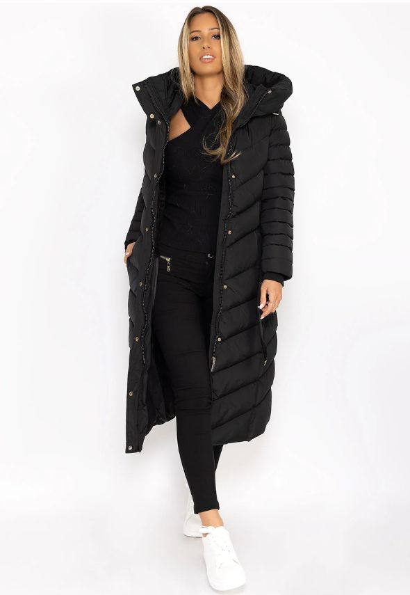 Black Longline Padded Full Length Belted Puffer Coat Jacket