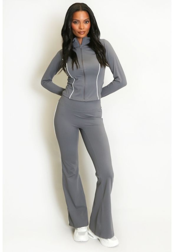 Contrast Lining Zipper Top and Flare Hem Trouser Set Grey