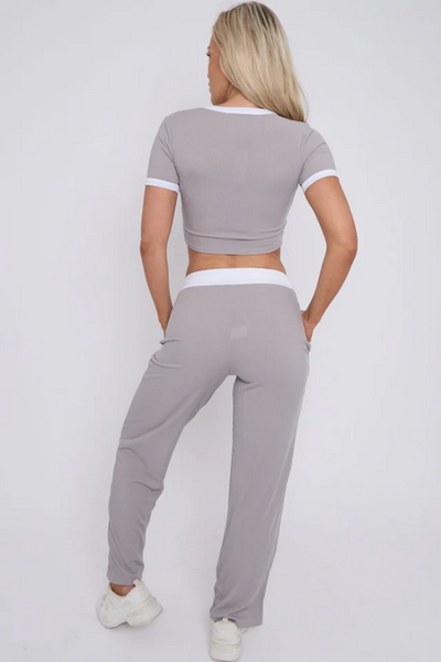 Light Grey Ribbed Crop Top & Wide Leg Trouser Co-ord - Magnolia