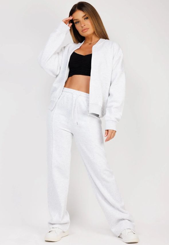 Marl Grey Fleece Bomber Wide-Leg Trousers Tracksuit