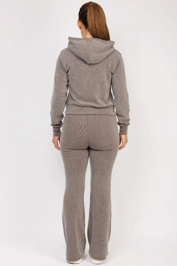 Taupe Ribbed Hoody & Skinny Flare Trousers Loungewear Set