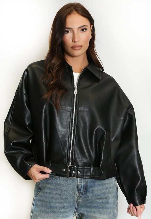 Faux Leather Bomber Jacket With Belt Black