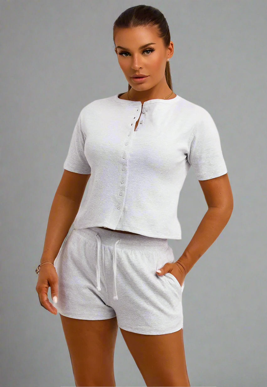 Rib Button Up Top And Short Tracksuit Set Marl Grey