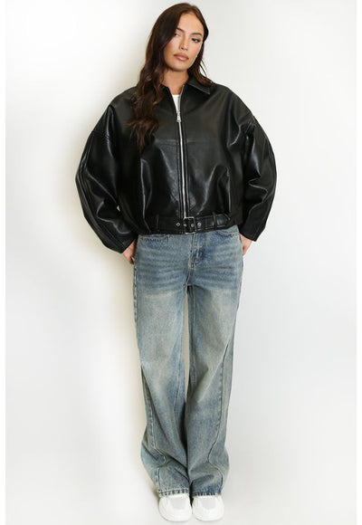 Faux Leather Bomber Jacket With Belt Black