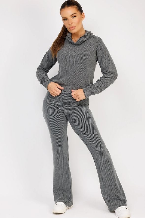 Charcoal Ribbed Hoody & Skinny Flare Trousers Loungewear Set