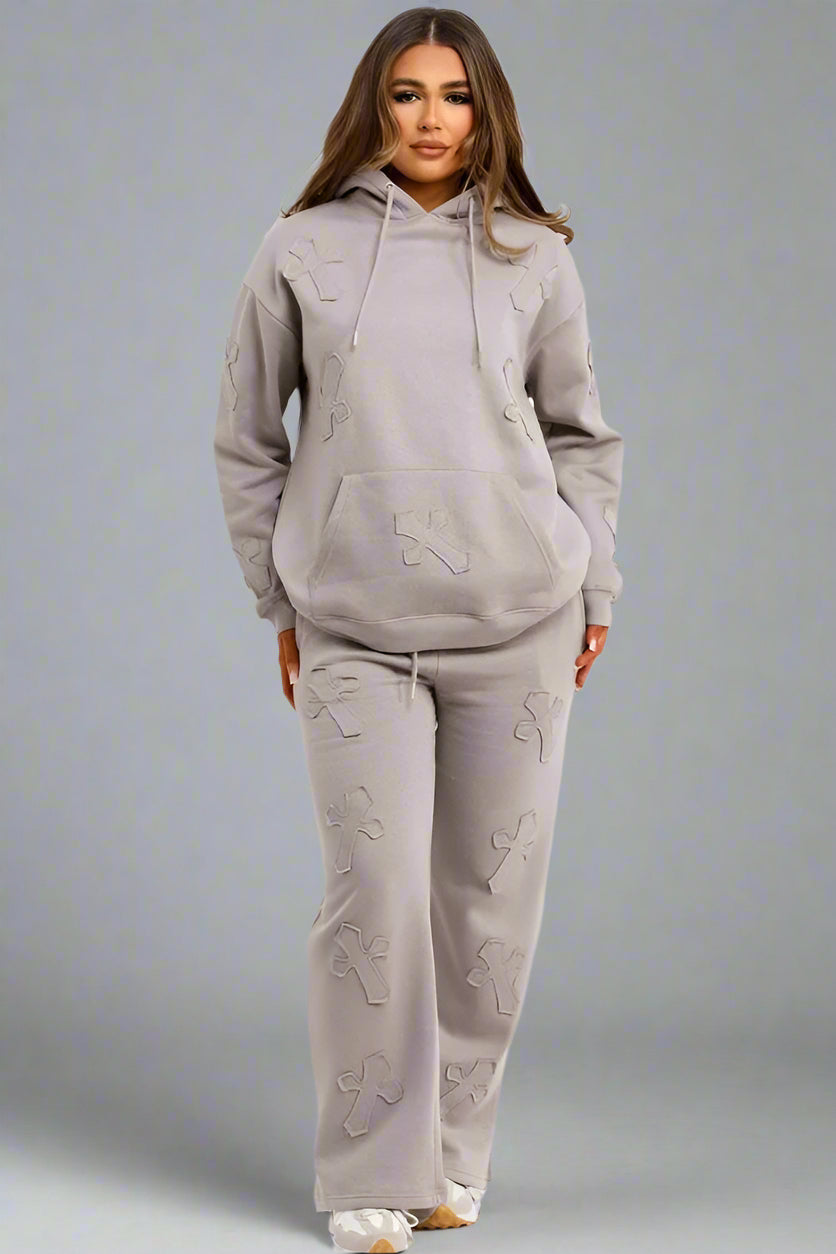 Cross Patch Hoodie And Joggers Tracksuit Lounge Set Dove Grey