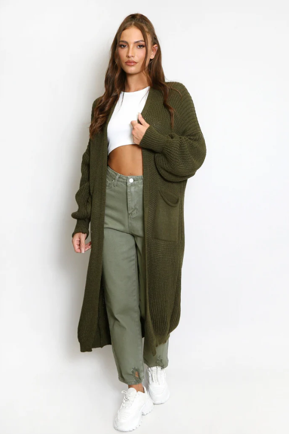 Oversize Longline Knitted Cardigan Khaki