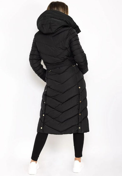 Black Longline Padded Full Length Belted Puffer Coat Jacket