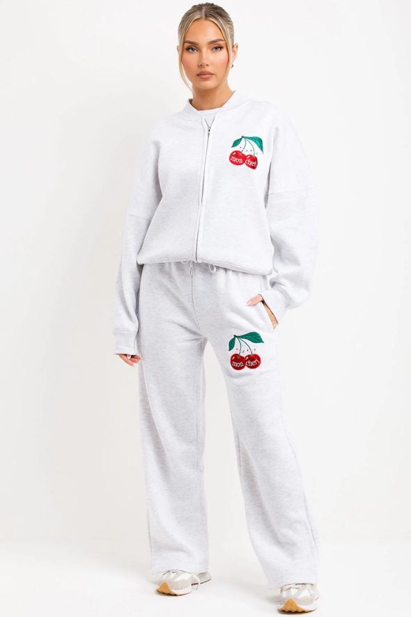 Bomber Sweatshirt With Zip Joggers Loungewear With Mon Cheri Embroidery White