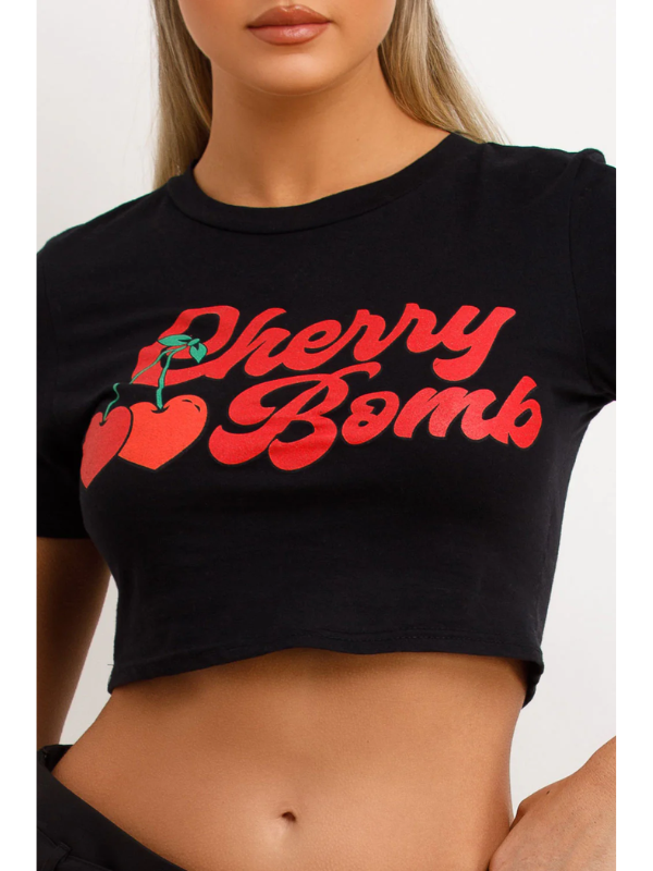 Black Baby Tee Cherry Bomb Short Sleeve Crop T Shirt