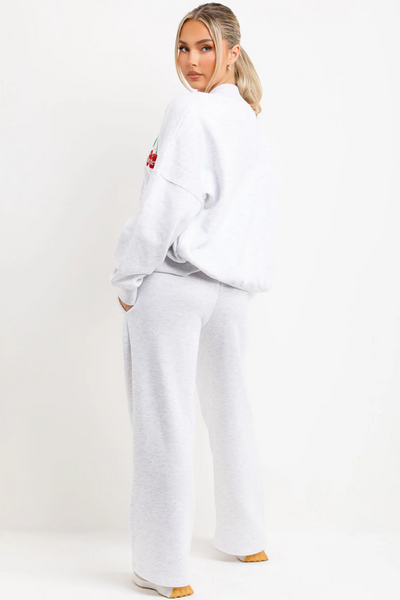 Bomber Sweatshirt With Zip Joggers Loungewear With Mon Cheri Embroidery White