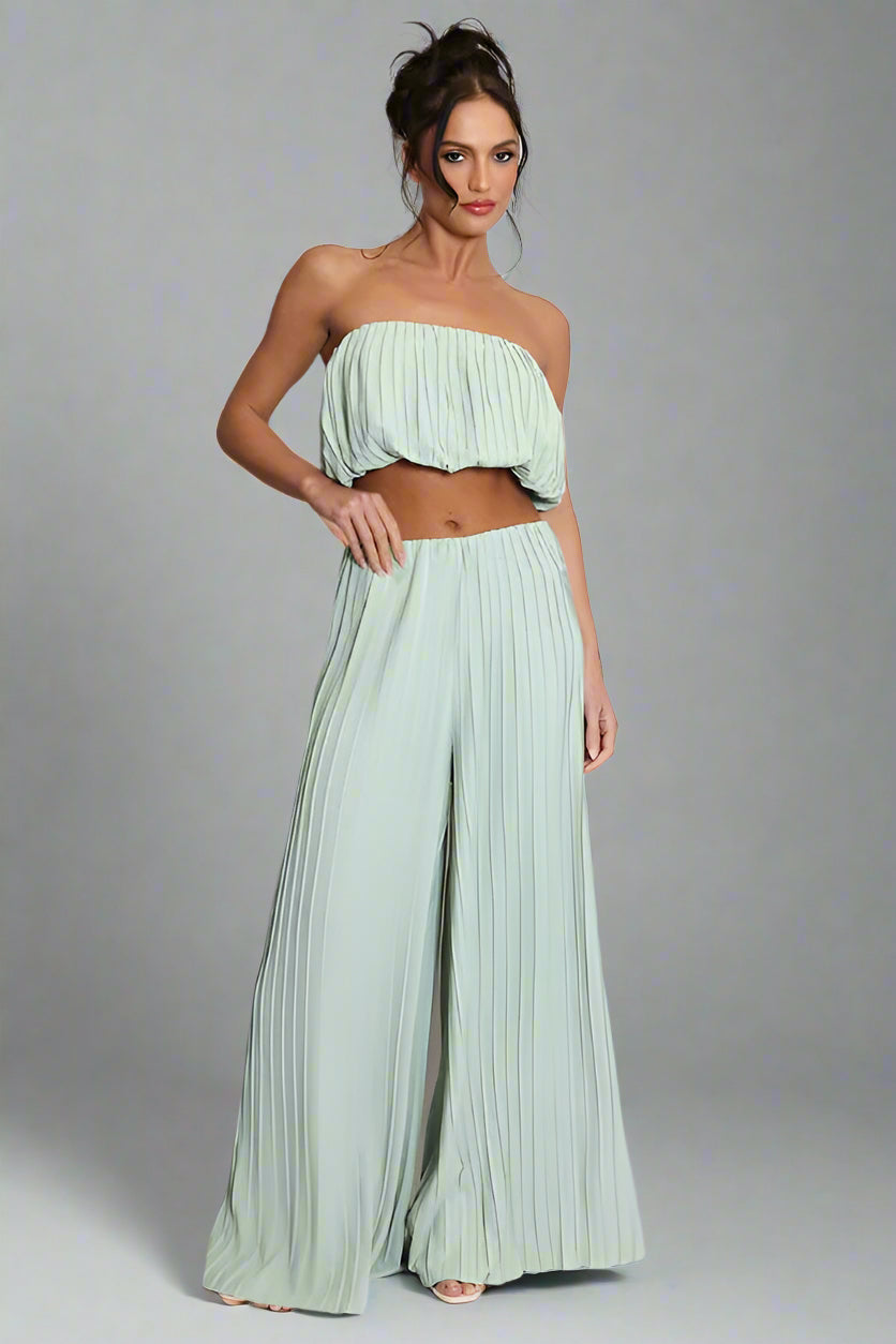Pleated Bandeau Crop Top And Wide Leg Trouser Set Mint