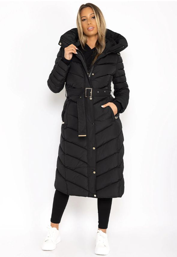 Black Longline Padded Full Length Belted Puffer Coat Jacket