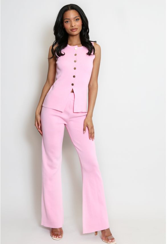 Knit Waistcoat & Flare Trousers Set Pink
