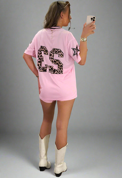 Pink Football V Neck Jersey Top With Leopard Print Slogan