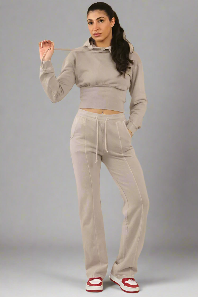 Acid Wash High Waist Tracksuit Beige