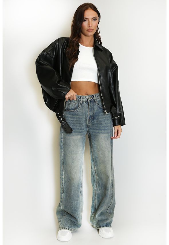 Faux Leather Bomber Jacket With Belt Black