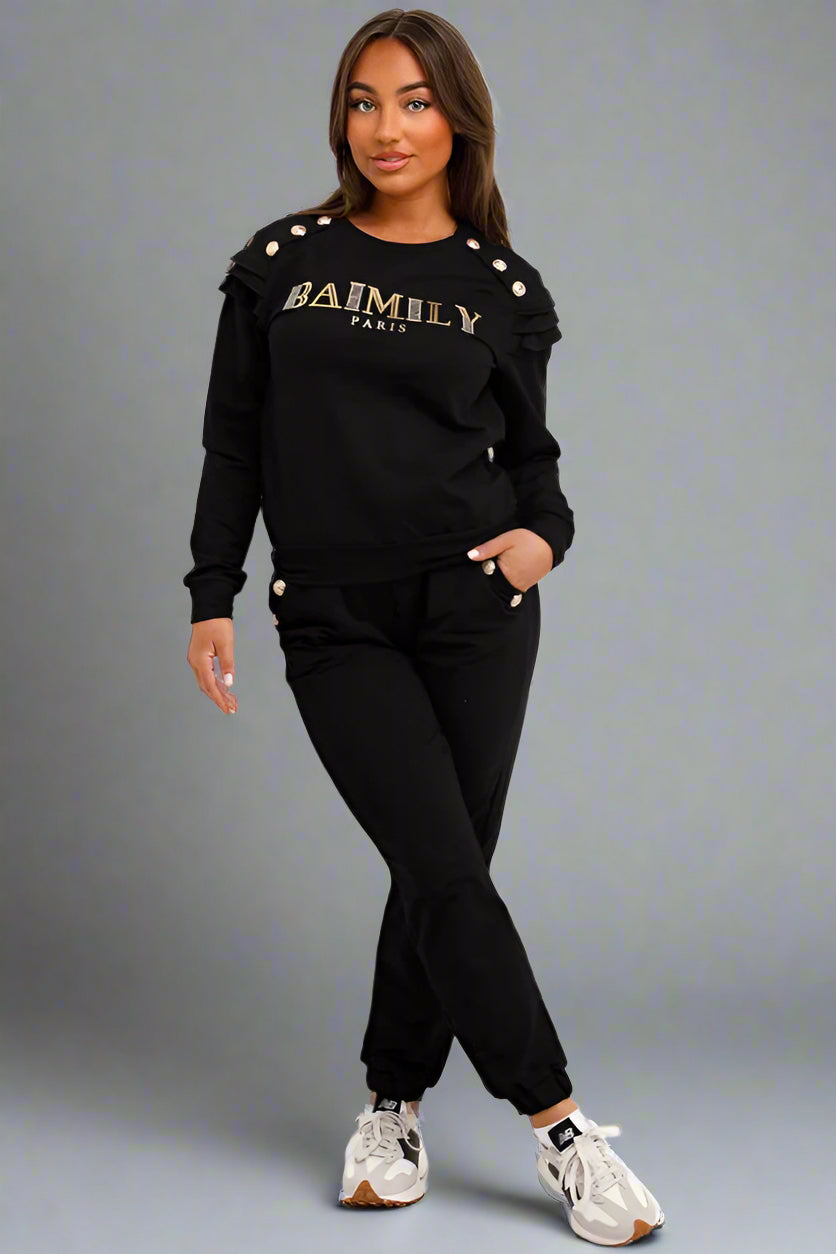 Gold Button Frill Shoulder Loungewear Set With Blimey Black
