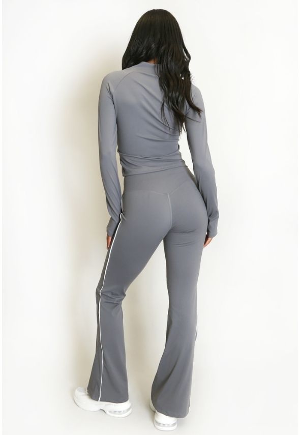 Contrast Lining Zipper Top and Flare Hem Trouser Set Grey