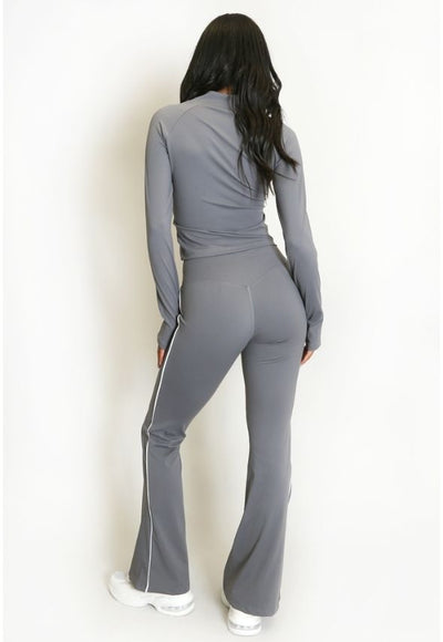 Contrast Lining Zipper Top and Flare Hem Trouser Set Grey