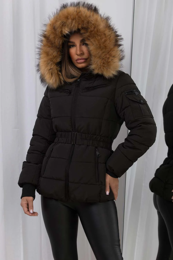 Faux Fur Hood Puffer Jacket With Belt