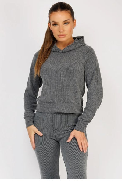 Charcoal Ribbed Hoody & Skinny Flare Trousers Loungewear Set