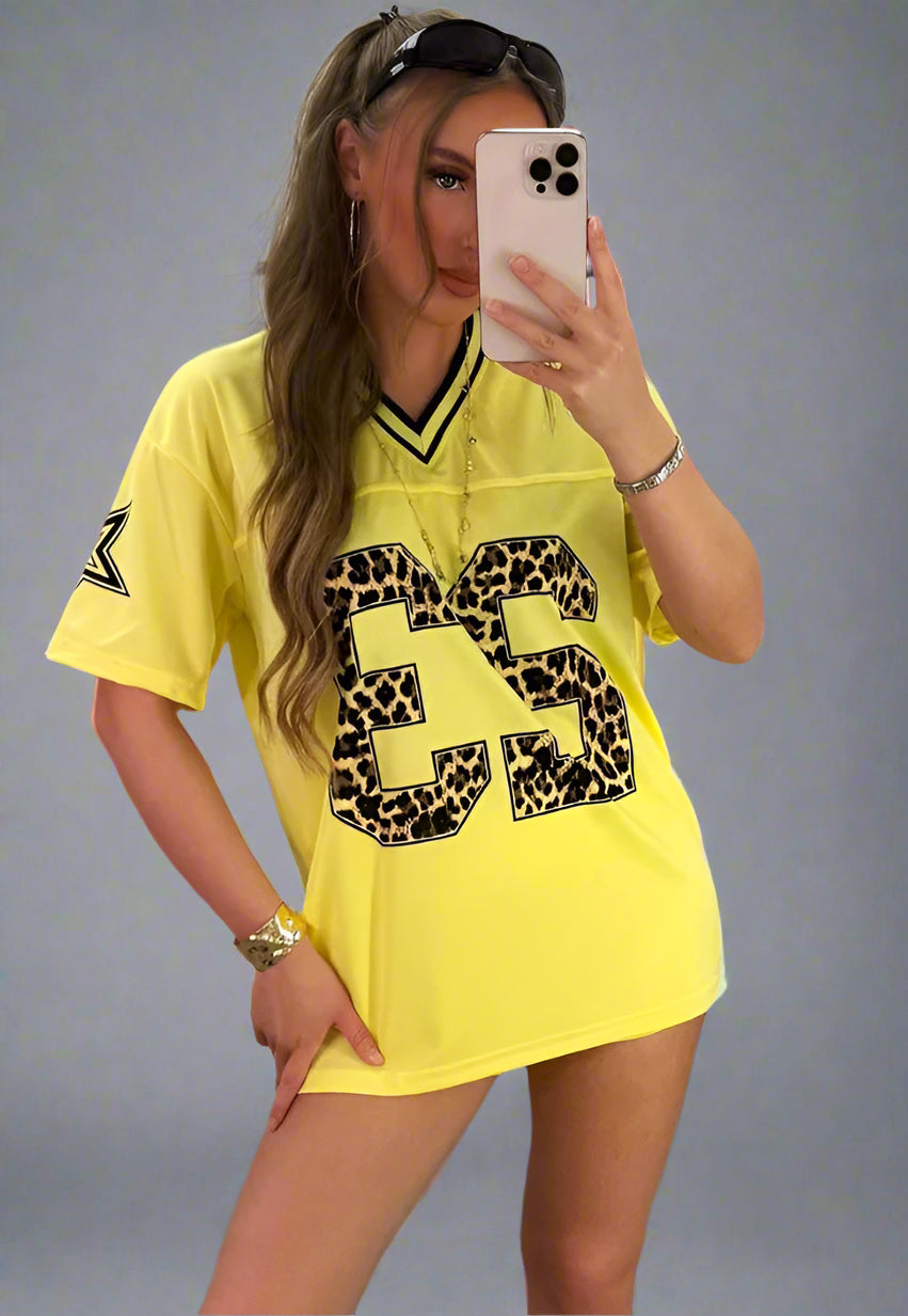 Yellow Football V Neck Jersey Top With Leopard Print Slogan
