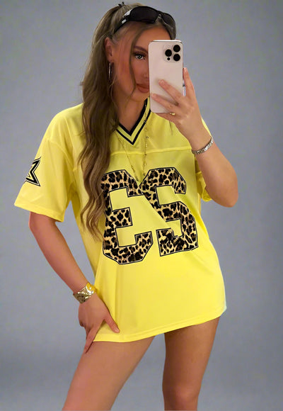 Yellow Football V Neck Jersey Top With Leopard Print Slogan