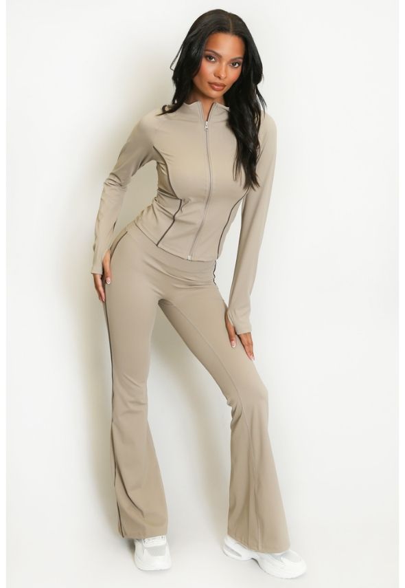 Contrast Lining Zipper Top and Flare Hem Trouser Set Beige
