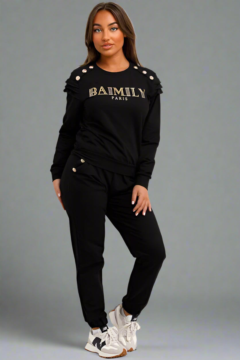 Gold Button Frill Shoulder Loungewear Set With Blimey Black
