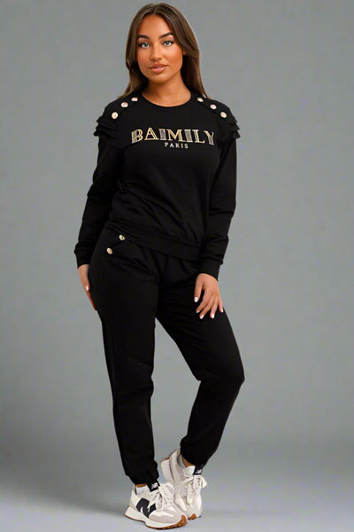 Gold Button Frill Shoulder Loungewear Set With Blimey Black