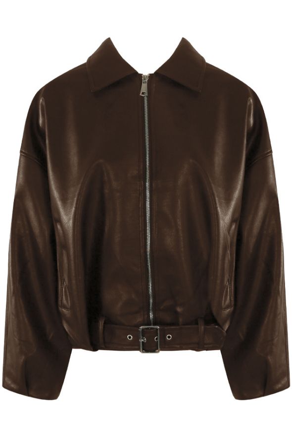 Faux Leather Bomber Jacket With Belt Brown