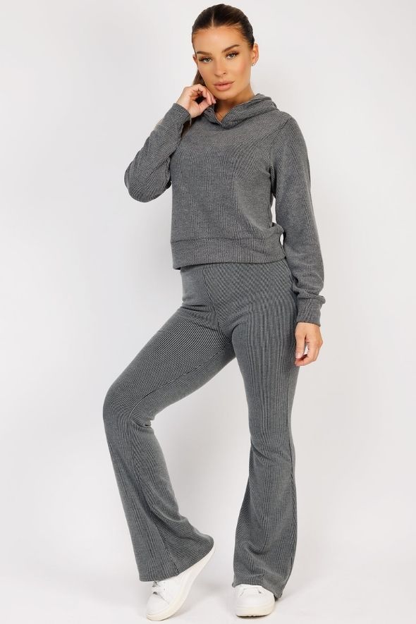 Charcoal Ribbed Hoody & Skinny Flare Trousers Loungewear Set