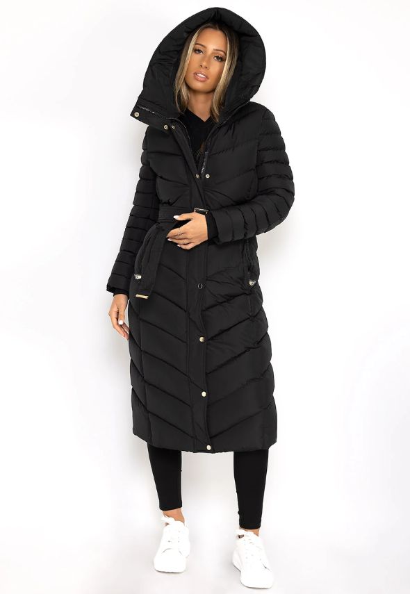 Black Longline Padded Full Length Belted Puffer Coat Jacket