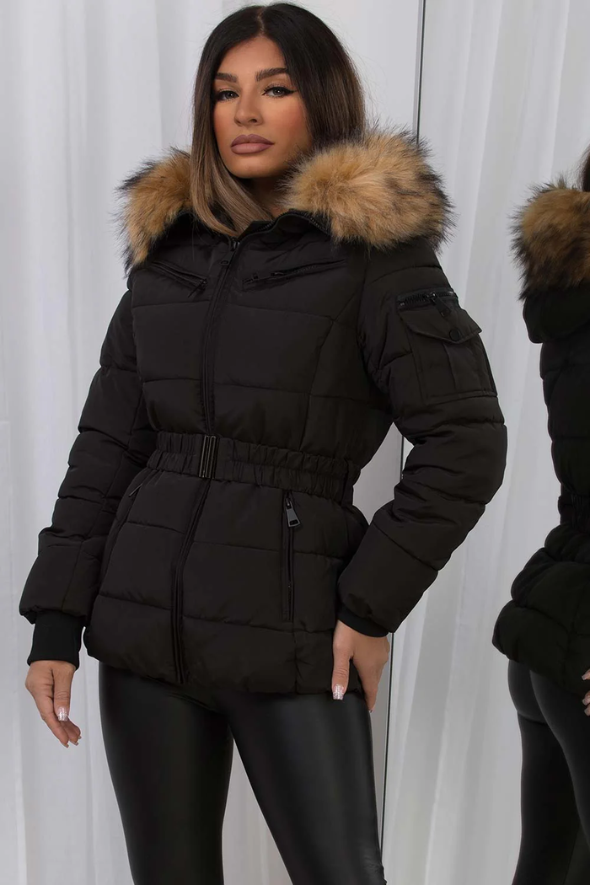 Faux Fur Hood Puffer Jacket With Belt