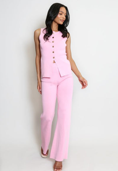 Knit Waistcoat & Flare Trousers Set Pink