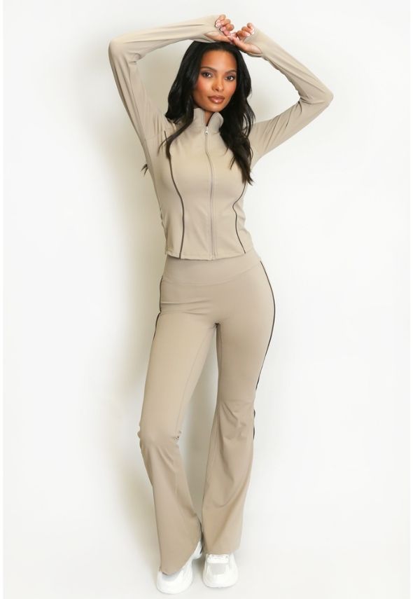 Contrast Lining Zipper Top and Flare Hem Trouser Set Beige