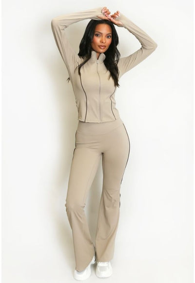 Contrast Lining Zipper Top and Flare Hem Trouser Set Beige