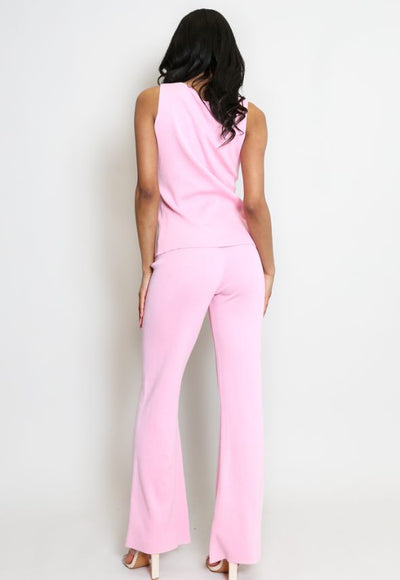 Knit Waistcoat & Flare Trousers Set Pink