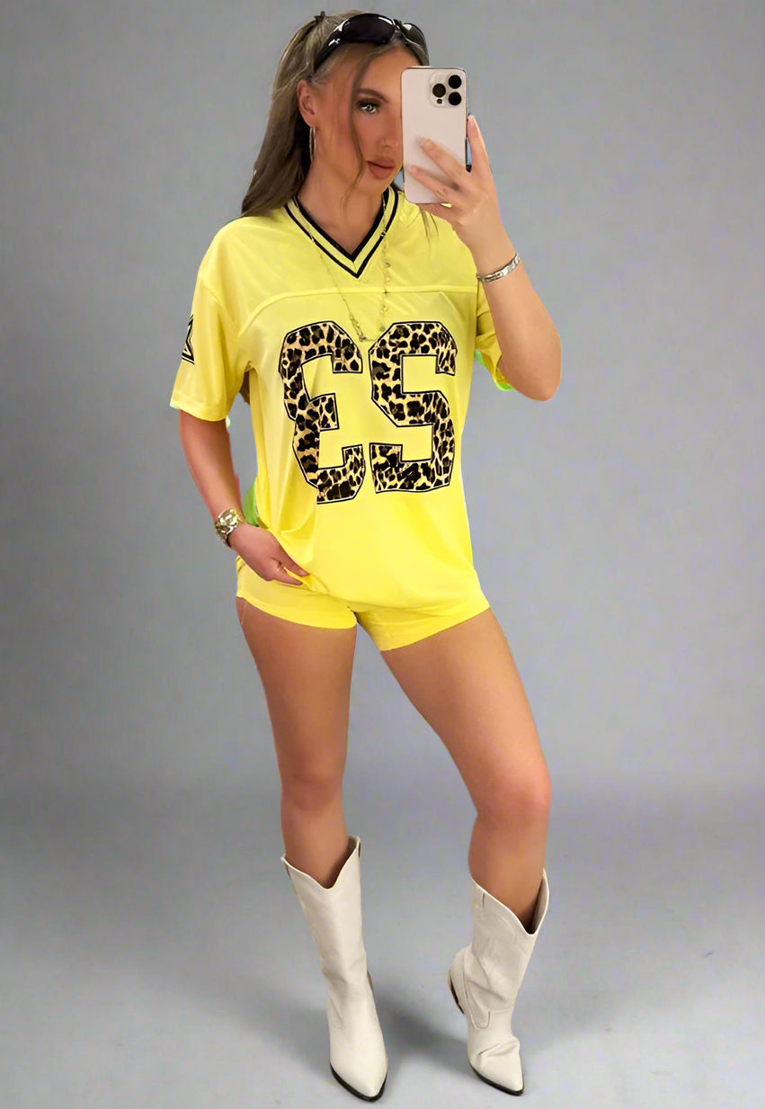 Yellow Football V Neck Jersey Top With Leopard Print Slogan