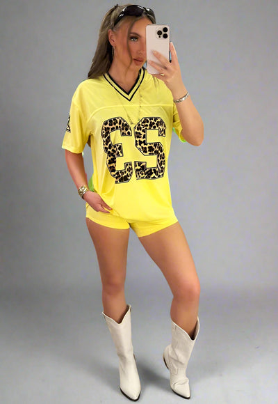 Yellow Football V Neck Jersey Top With Leopard Print Slogan
