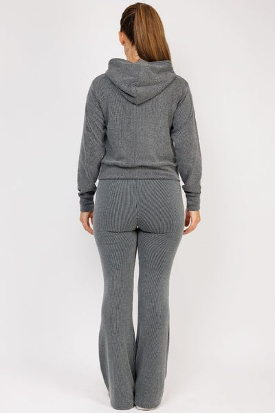 Charcoal Ribbed Hoody & Skinny Flare Trousers Loungewear Set