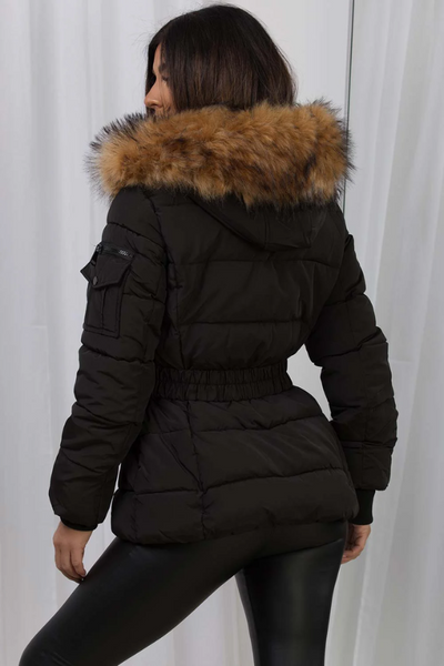 Faux Fur Hood Puffer Jacket With Belt