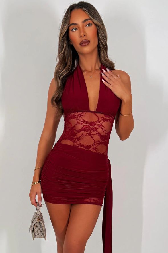 Halter Neck Plunge Dress With Ruched Drape Detail Burgundy