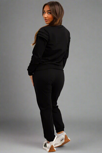 Gold Button Frill Shoulder Loungewear Set With Blimey Black