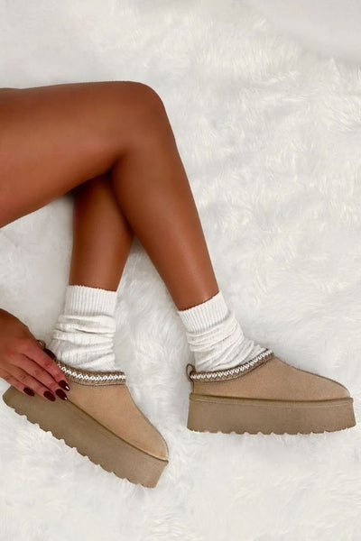 Luxury Sand Aztec Detail Faux Fur Lining Platform Boot