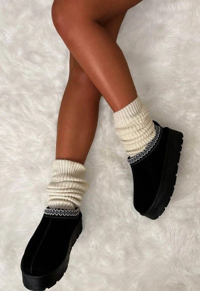 Luxury Black Aztec Detail Faux Fur Lining Platform Mule