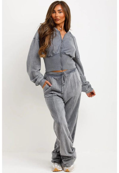 Crop Sweatshirt Hoodie And Bell Bottom Trousers Loungewear Silver Grey
