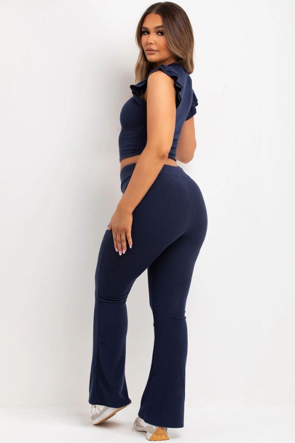 Frill Shoulder Top And Skinny Flare Trouser Set Ribbed Navy