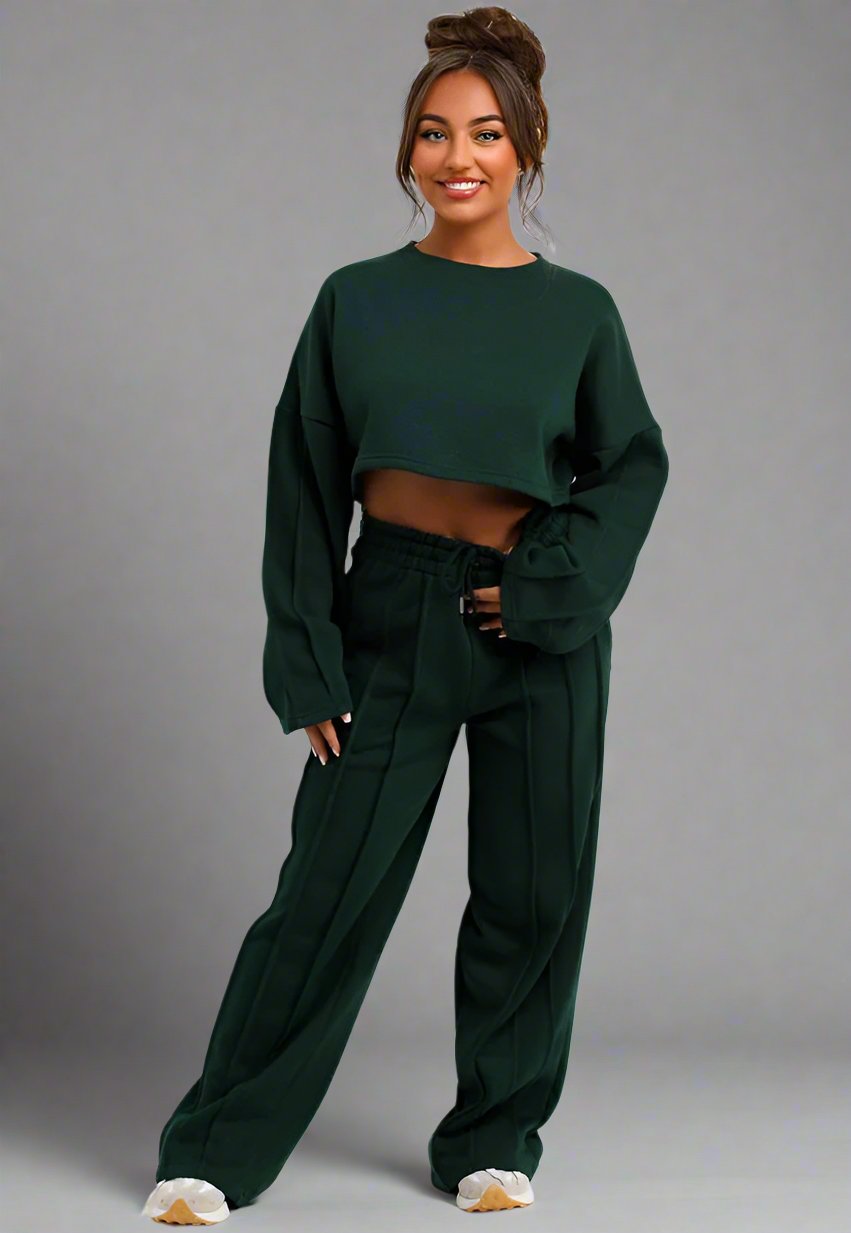 Tracksuit Joggers And Crop Sweatshirt With Seam Detail Bottle Green